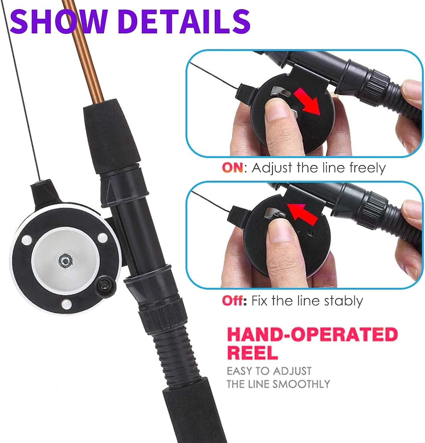 Whefory retractable cat teaser stick showing the secure pulley lock switch behind the line wheel