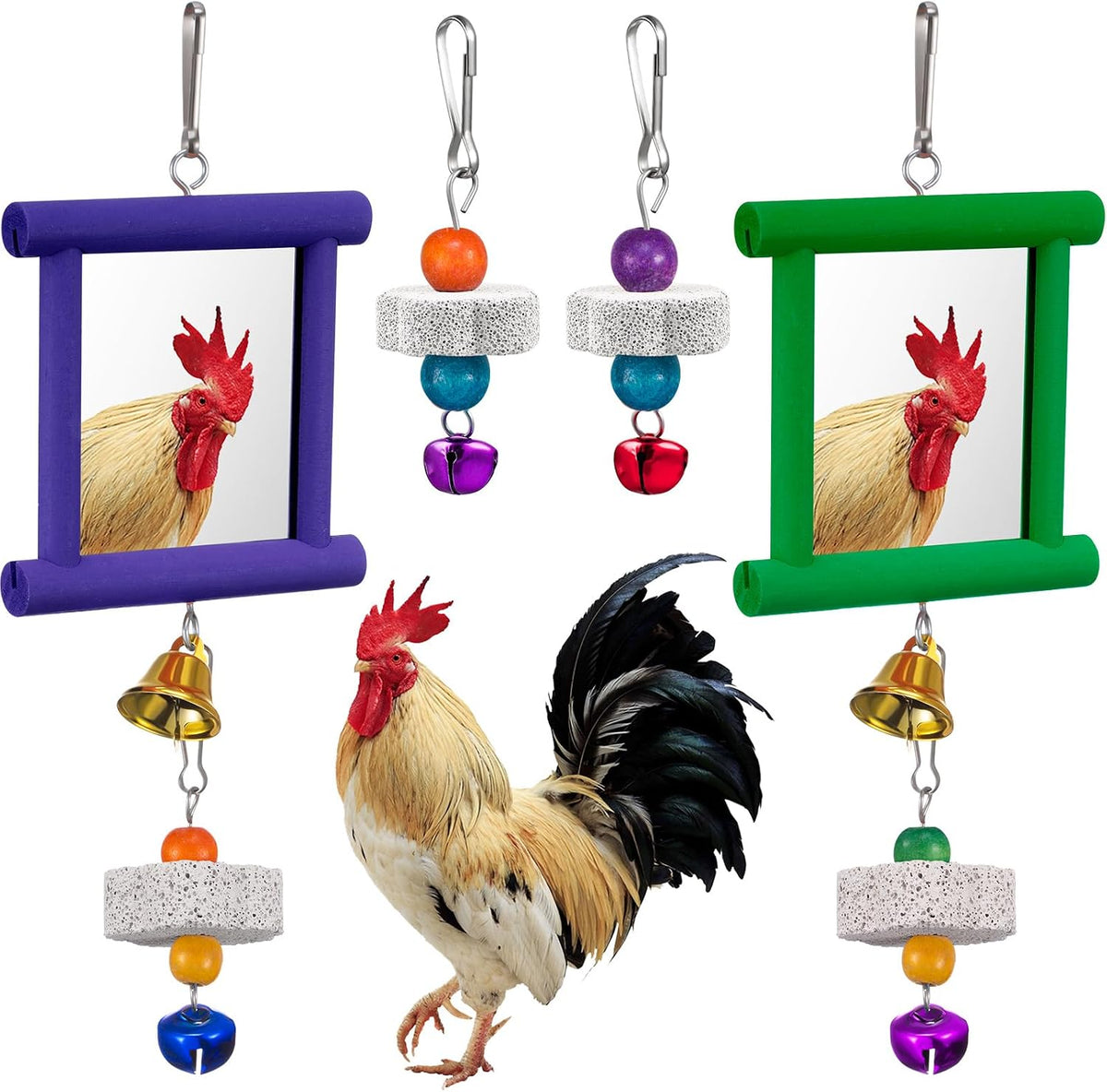 Sumind 2 Pieces Chicken Mirror Toys Hanging Swing Mirror with Bell Wooden Pecking Toy and 4 Pieces Beak Grinding Molar Stones for Hens Birds Parrots - Image 11