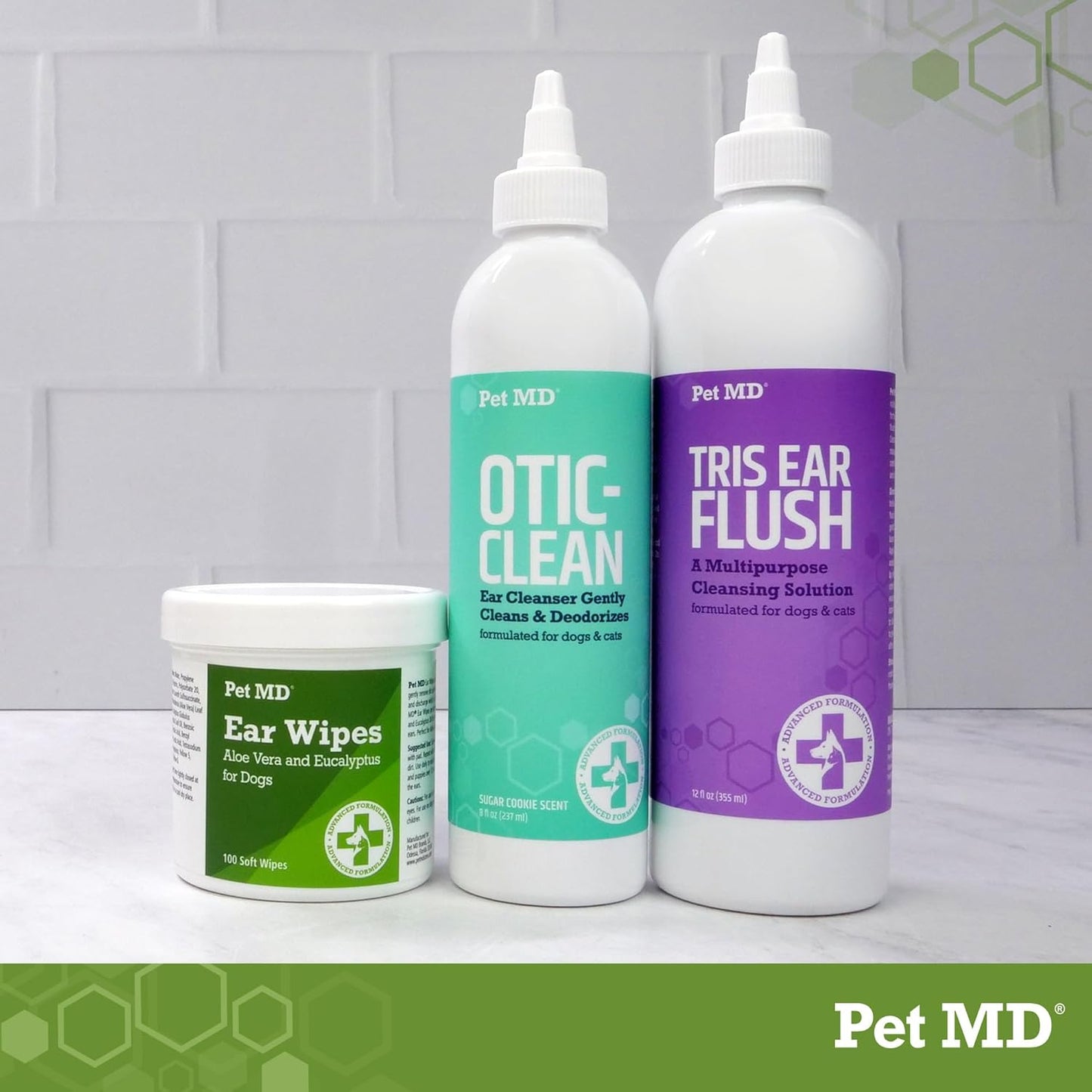 Pet MD Tris Flush bottle with text highlighting vet recommended formula