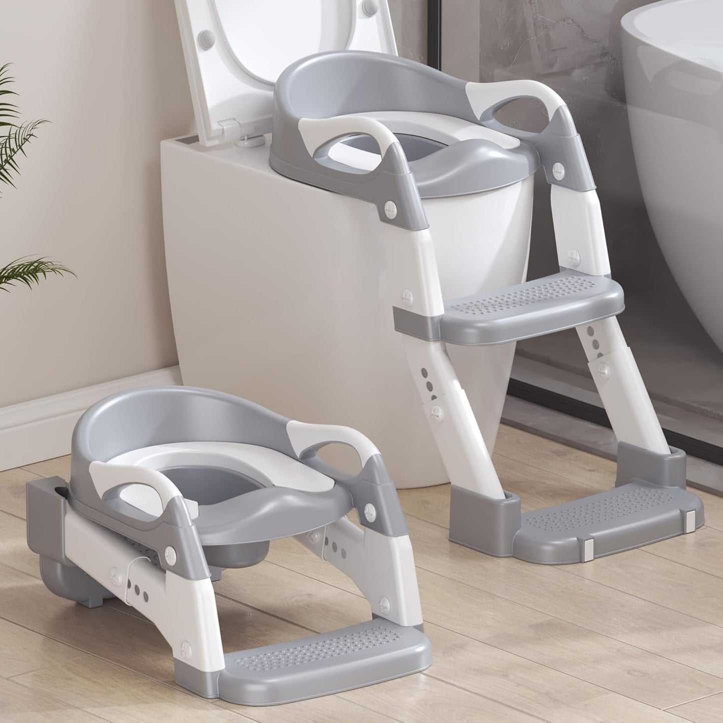 MantisFist toddler potty training seat with step stool ladder front view in grey color