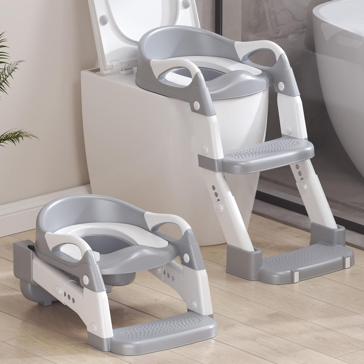 MantisFist toddler potty training seat with step stool ladder front view in grey color