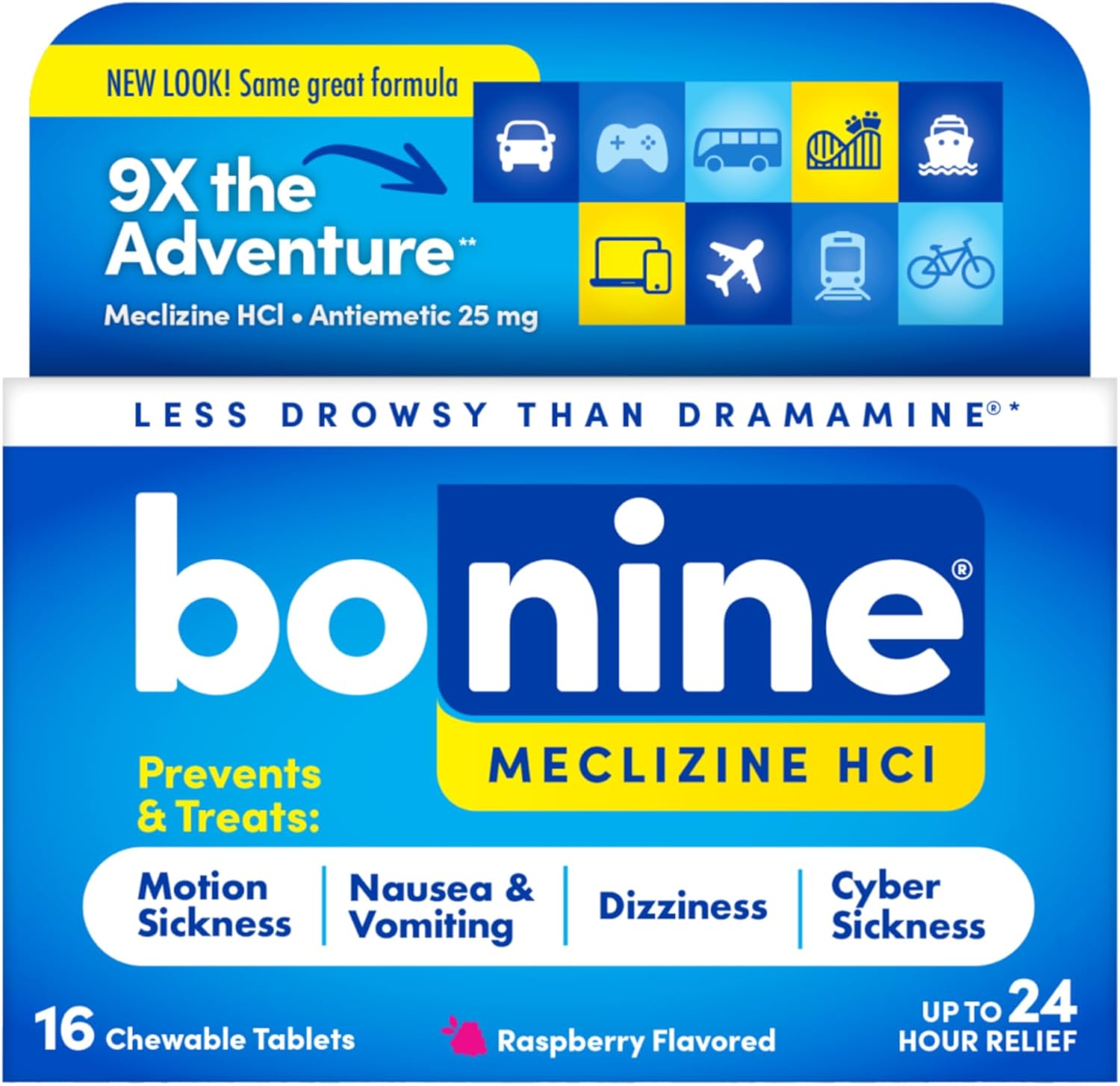 Bonine Non Drowsy Motion Sickness Relief sixteen chewable tablets front packaging view