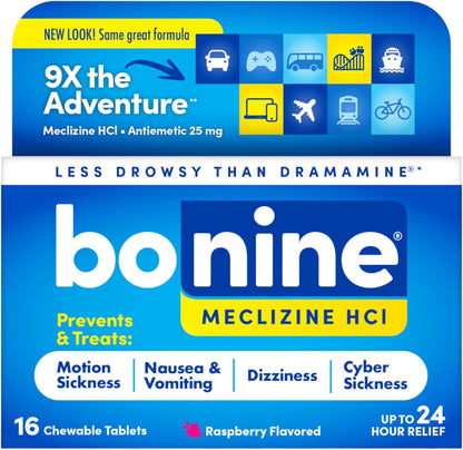 Bonine Non Drowsy Motion Sickness Relief sixteen chewable tablets front packaging view