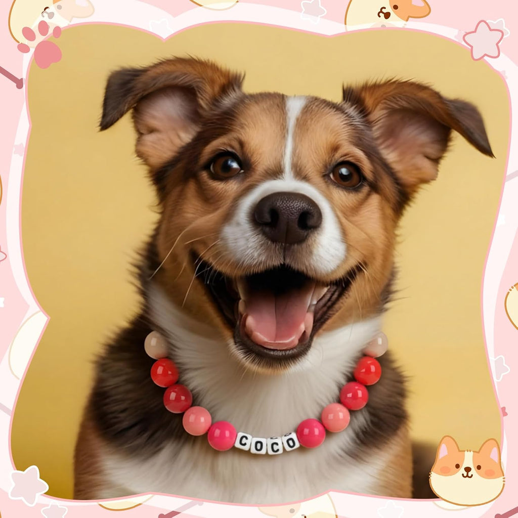 Quelay adjustable beaded pet bracelet and collar layout showcasing personalized name assembly