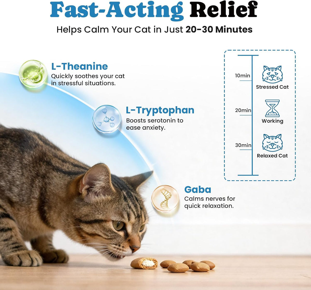 Feline anxiety relief crunchy shell treats container with clear dosage instructions