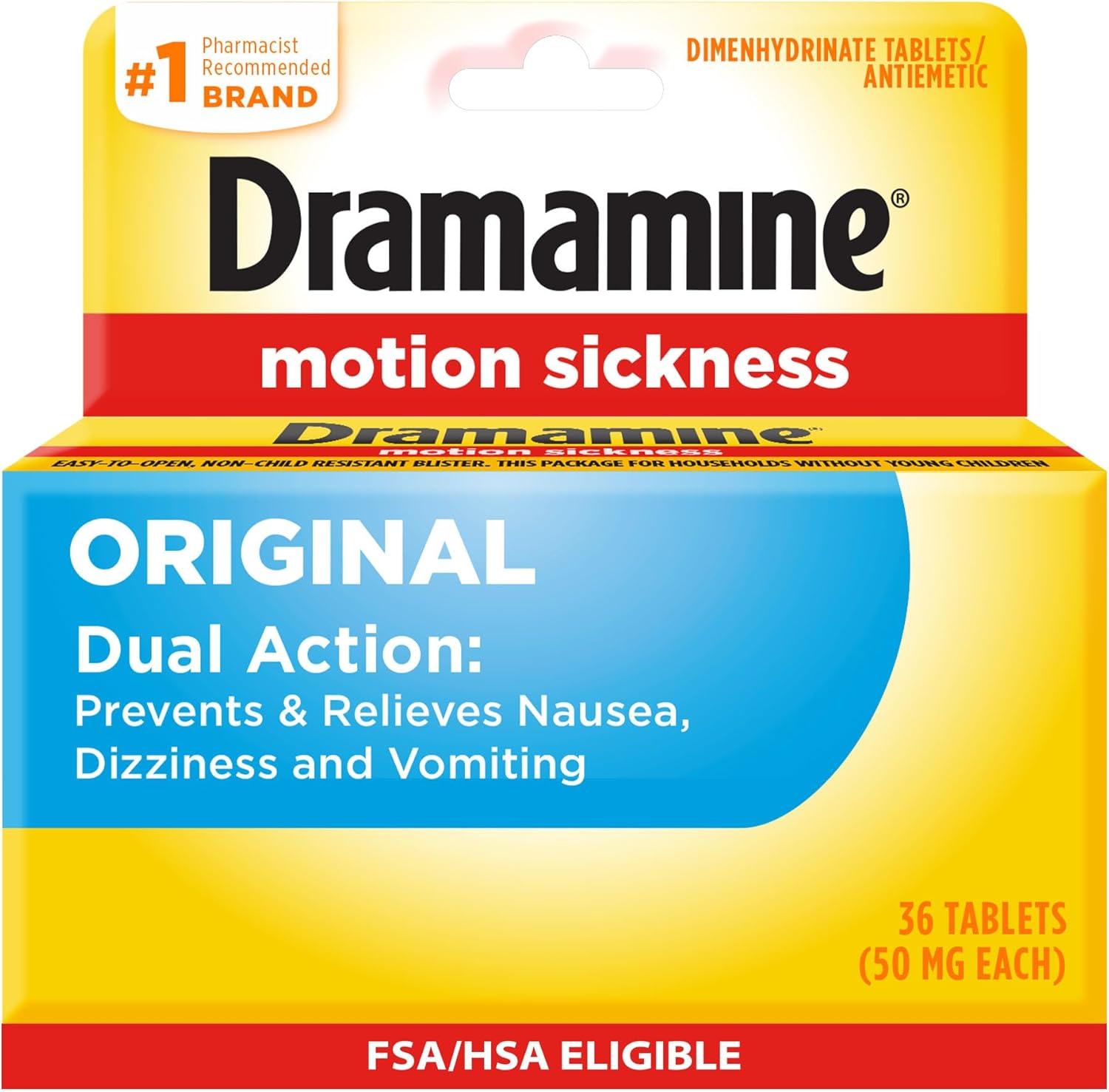 Dramamine Original Motion Sickness Relief 36 Count box front view for travel nausea relief