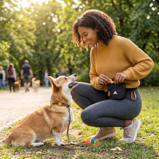 OllyDog magnetic closure treat bag showing hands free waist belt clip