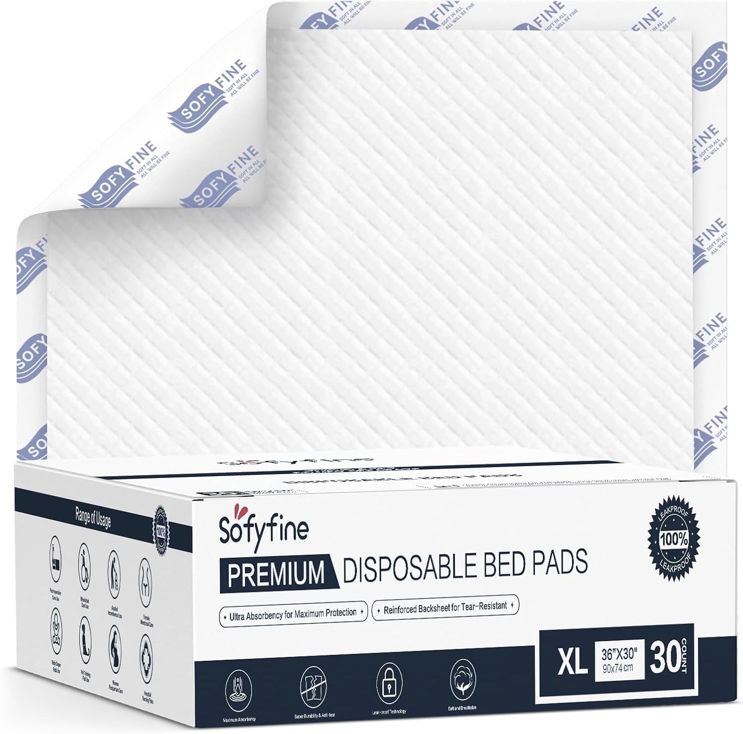 Sofyfine premium disposable incontinence bed pads front view of 30 count box