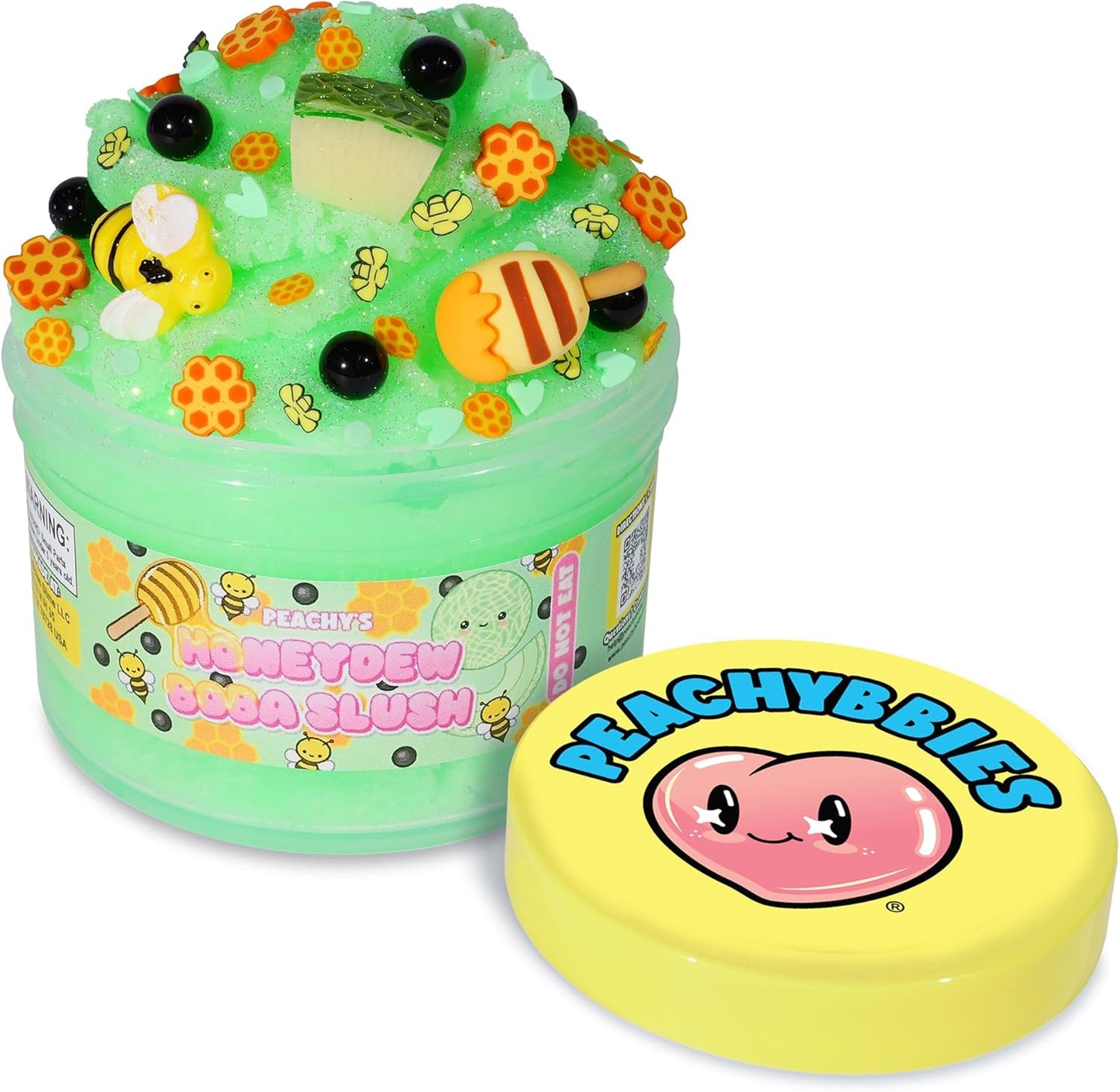 Peachybbies Honeydew Boba Slush Slime front view in official reusable jar showing vibrant green color.