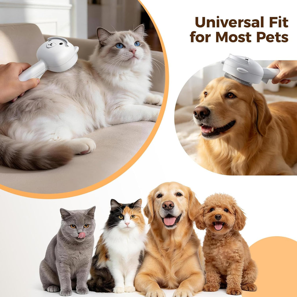 White bear design Primecat pet brush removing loose undercoat fur with anti-static mist technology.