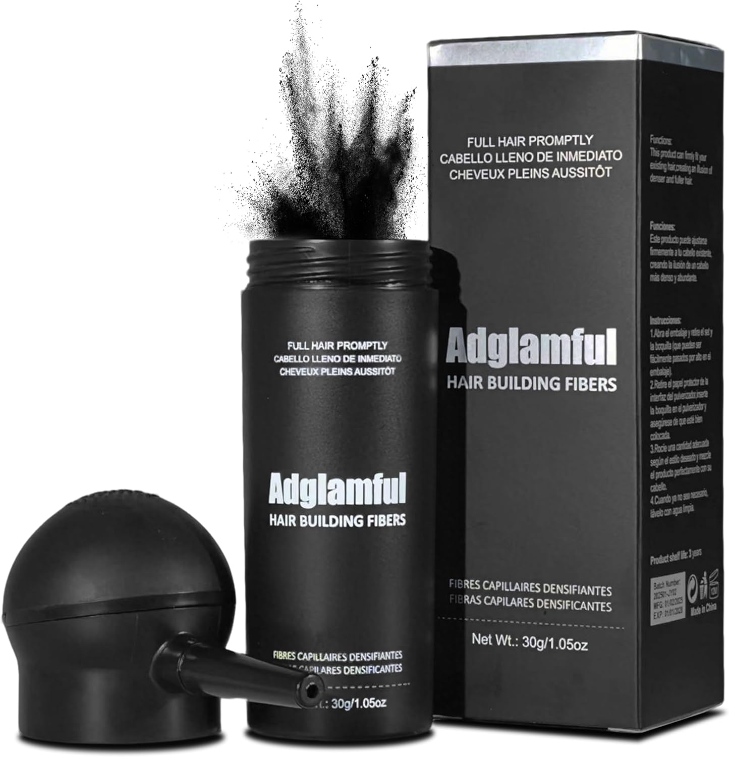 Adglamful Hair Building Fibers front view showing the 30 grams bottle and professional spray applicator nozzle package.