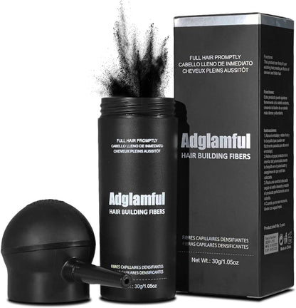 Adglamful Hair Building Fibers front view showing the 30 grams bottle and professional spray applicator nozzle package.