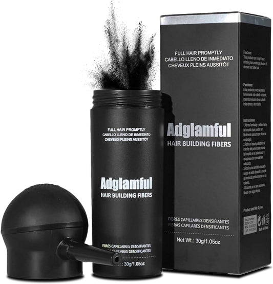 Adglamful Hair Building Fibers front view showing the 30 grams bottle and professional spray applicator nozzle package.