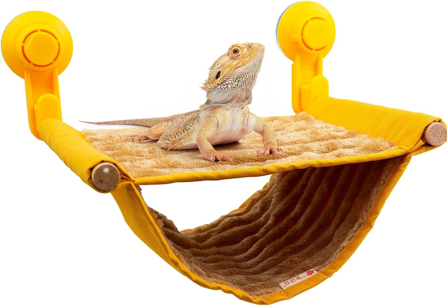 FlidRunest Bearded Dragon Hammock front view of yellow double layered reptile bed inside glass terrarium tank