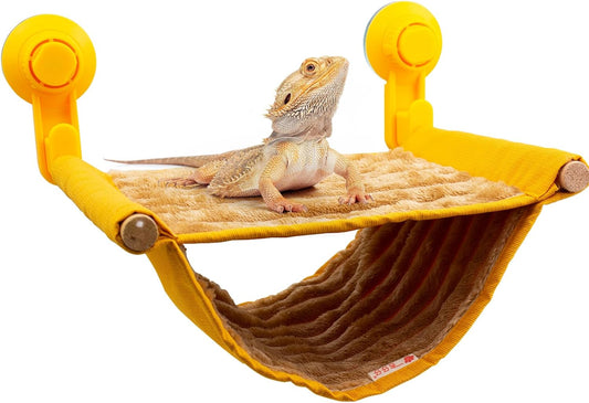 FlidRunest Bearded Dragon Hammock front view of yellow double layered reptile bed inside glass terrarium tank