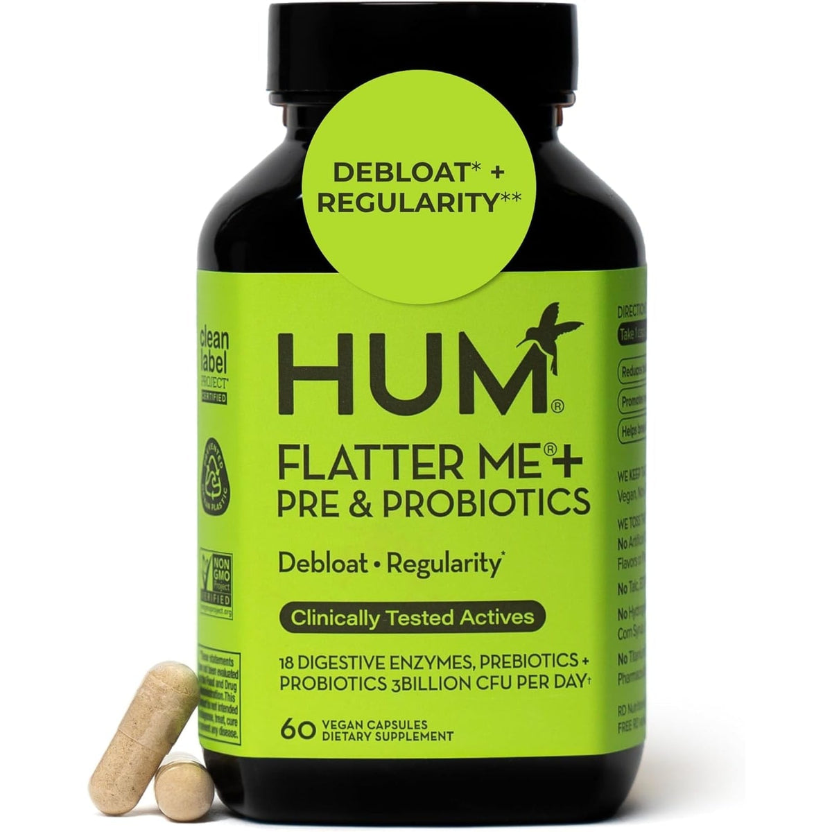 Hum Flatter Me digestive enzymes supplement front view bottle