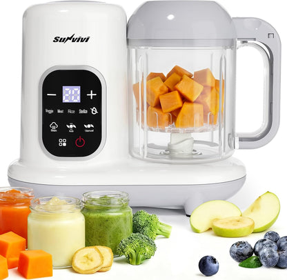 Sunvivi All In One Baby Food Maker in white showing front digital LCD panel and blending jar layout