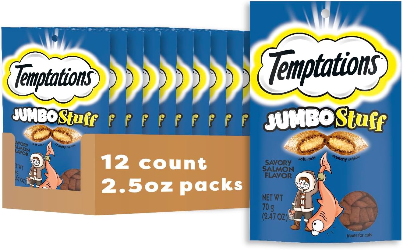 Temptations Jumbo Stuffed Cat Treats, Crunchy and Soft Cat Treats, Savory Salmon Flavor, 14 oz. Tub - Image 15