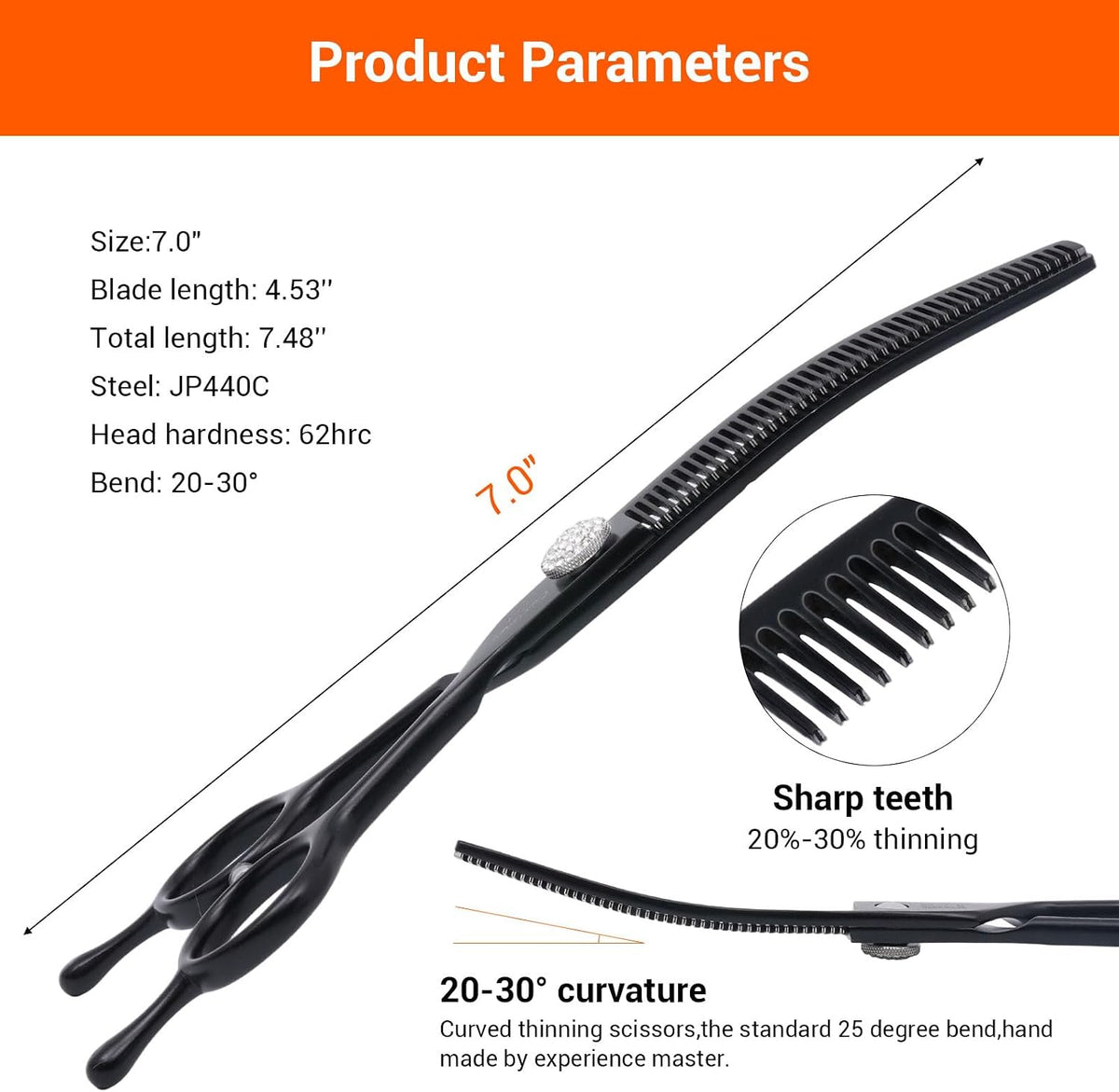 DRGSKL professional dog shears side profile highlighting the ergonomic handle design for comfortable grip.