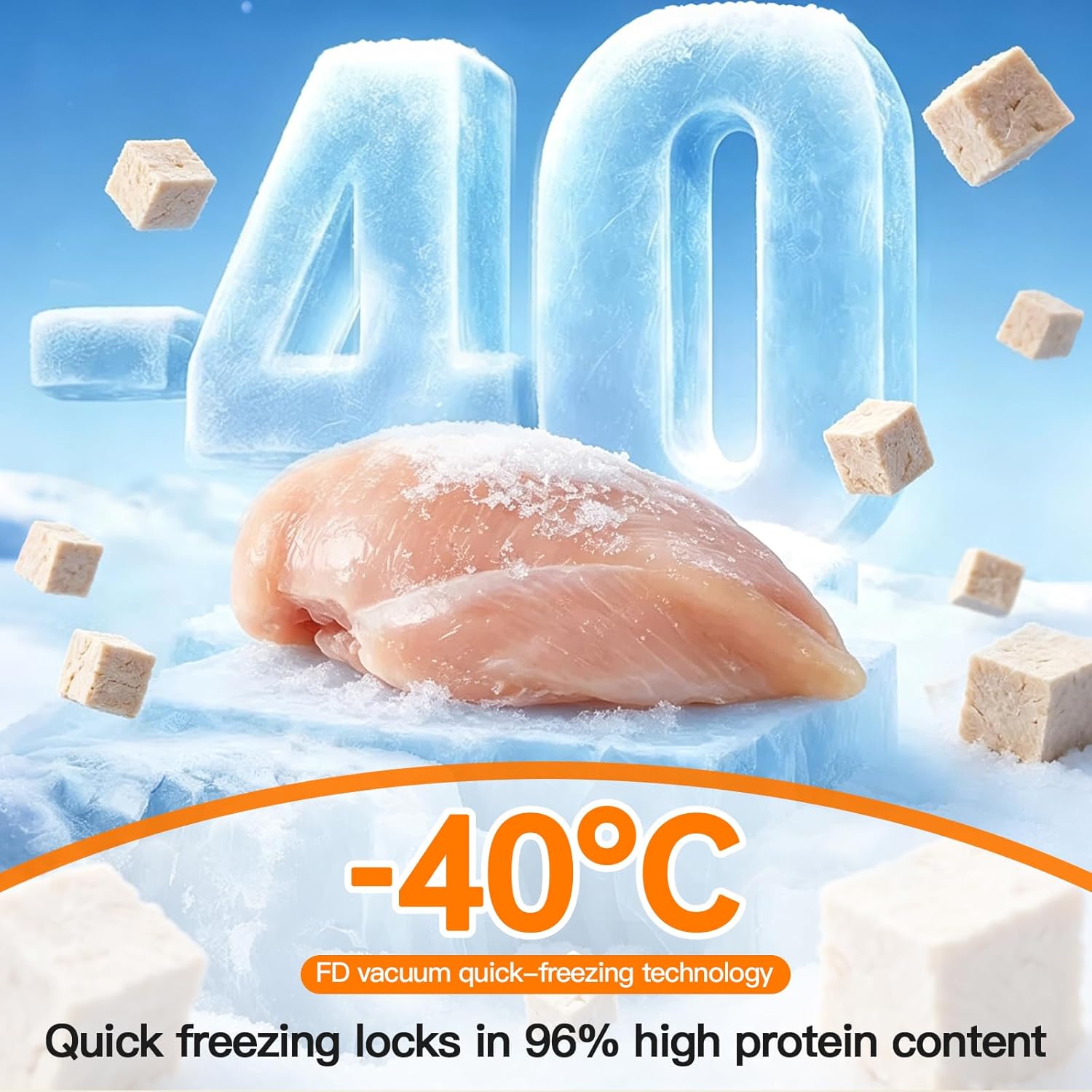 High protein natural freeze dried chicken meat pieces close up view.