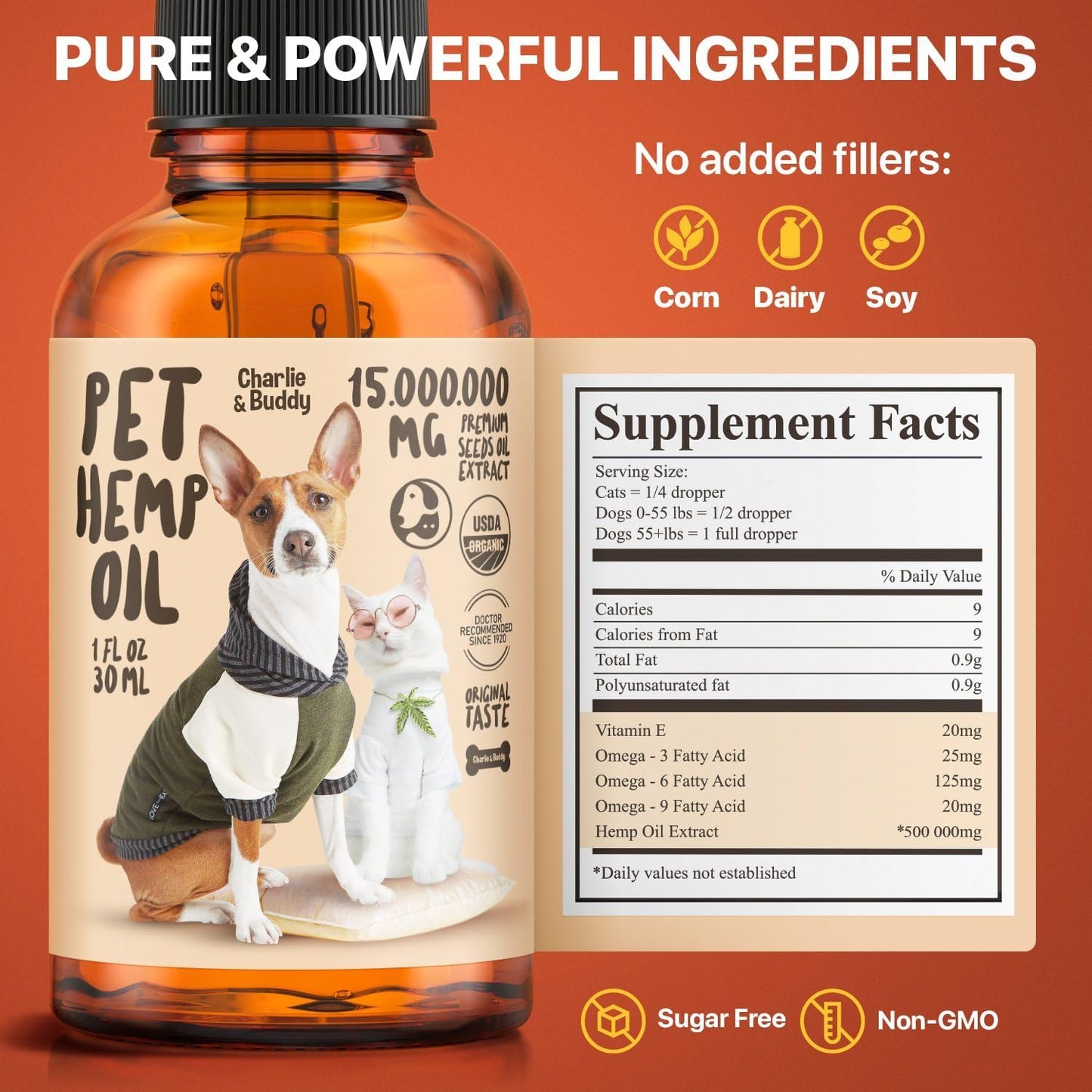 Authentic Charlie & Buddy 30 ml dietary supplement bottle for pet stress management