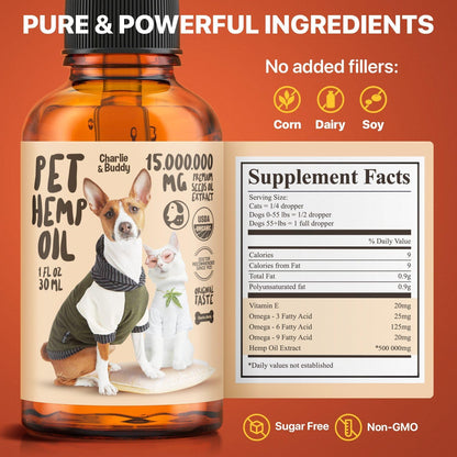 Authentic Charlie & Buddy 30 ml dietary supplement bottle for pet stress management