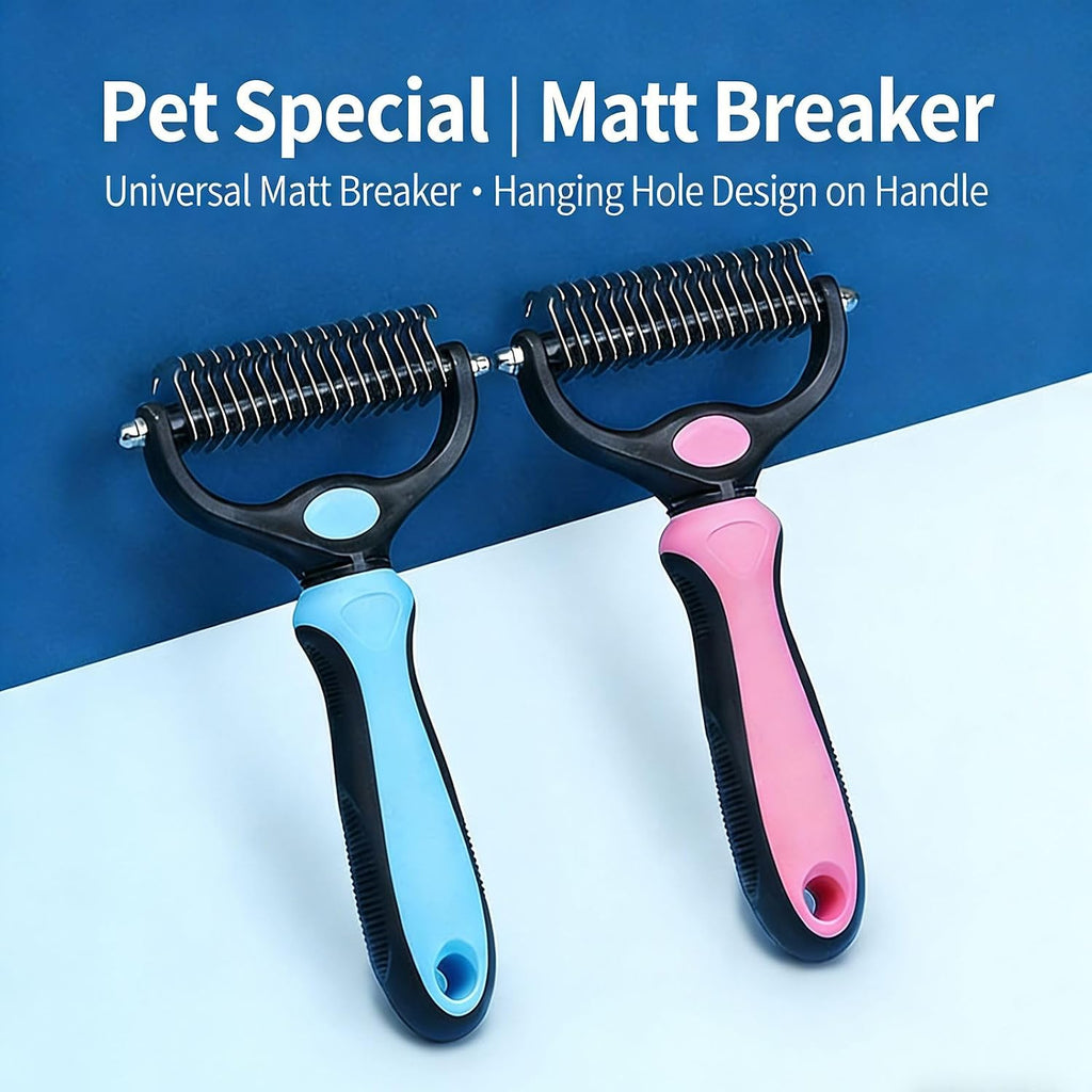 Ergonomic pet grooming rake blade side showcasing rounded skin safe edges