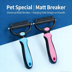 Ergonomic pet grooming rake blade side showcasing rounded skin safe edges