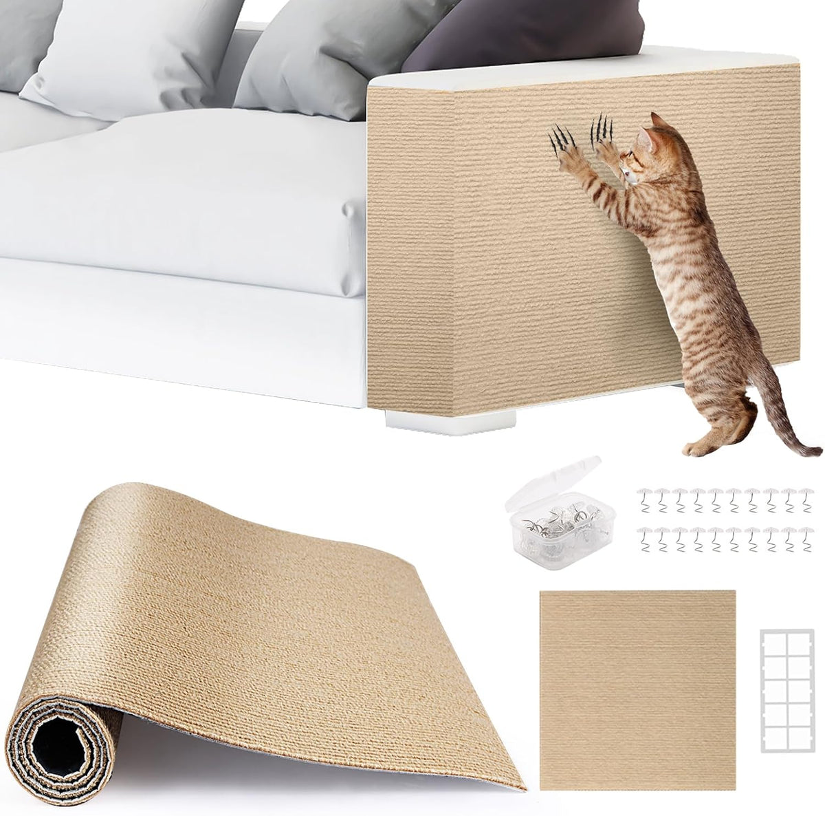 4pack Cat Scratch Couch Furniture and Wall Protector | Adhesive Cat Scratch Pad for Covering Cat Tower, DIY Climbing Cat Scratcher Couch Protector from Cat Claws Scratching (Light Gray) - Image 14