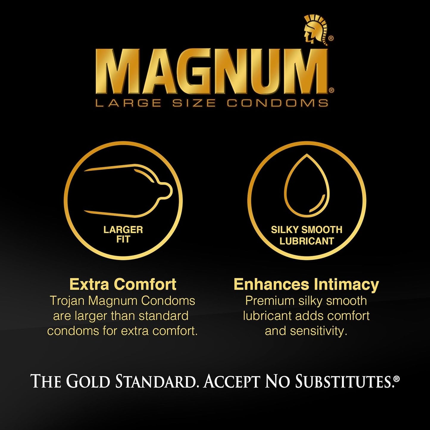 Trojan Magnum XL extra large premium latex condoms package displaying the thirty percent larger size claim.