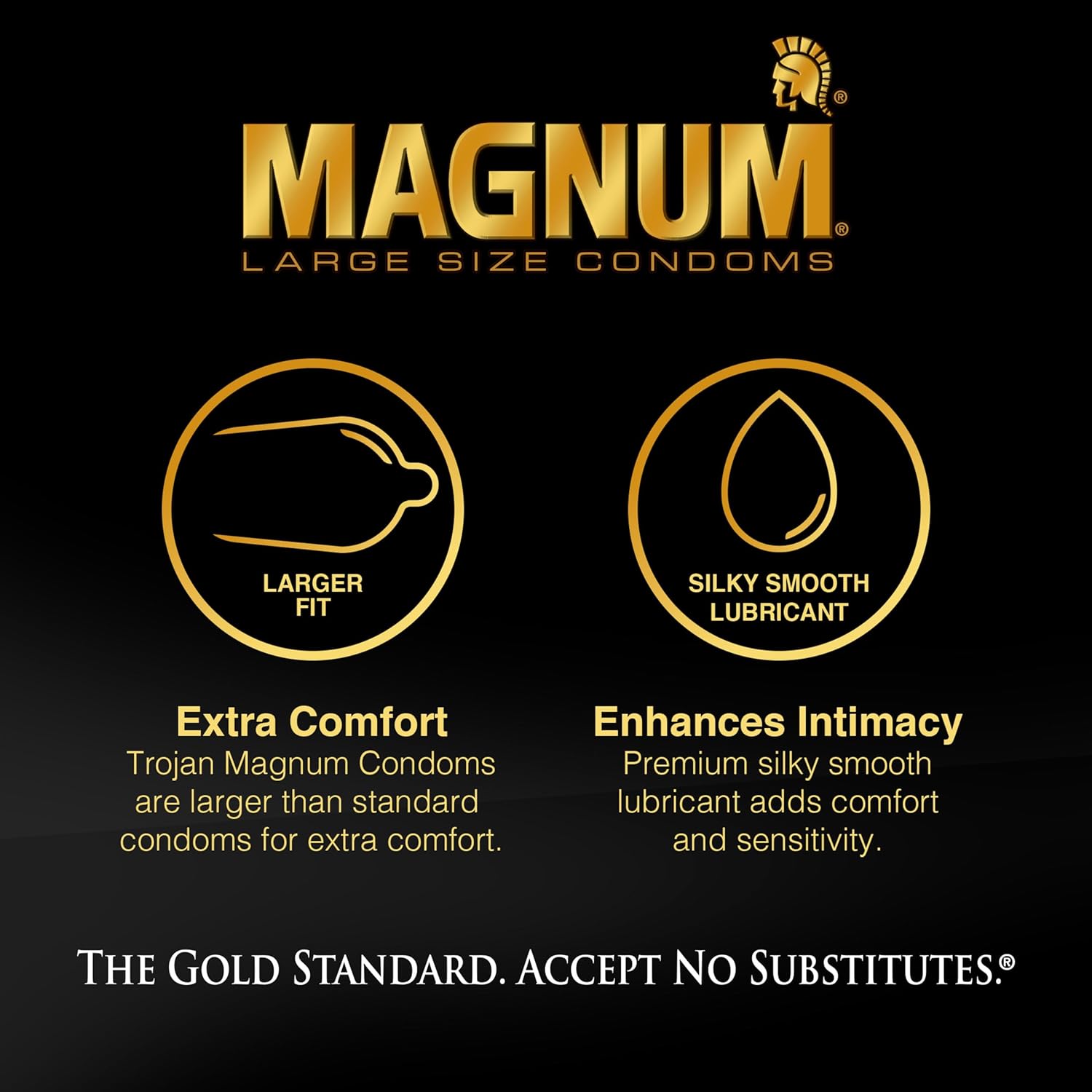 Trojan Magnum XL extra large premium latex condoms package displaying the thirty percent larger size claim.
