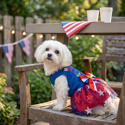 Hying dog princess dress red white and blue holiday apparel back view.