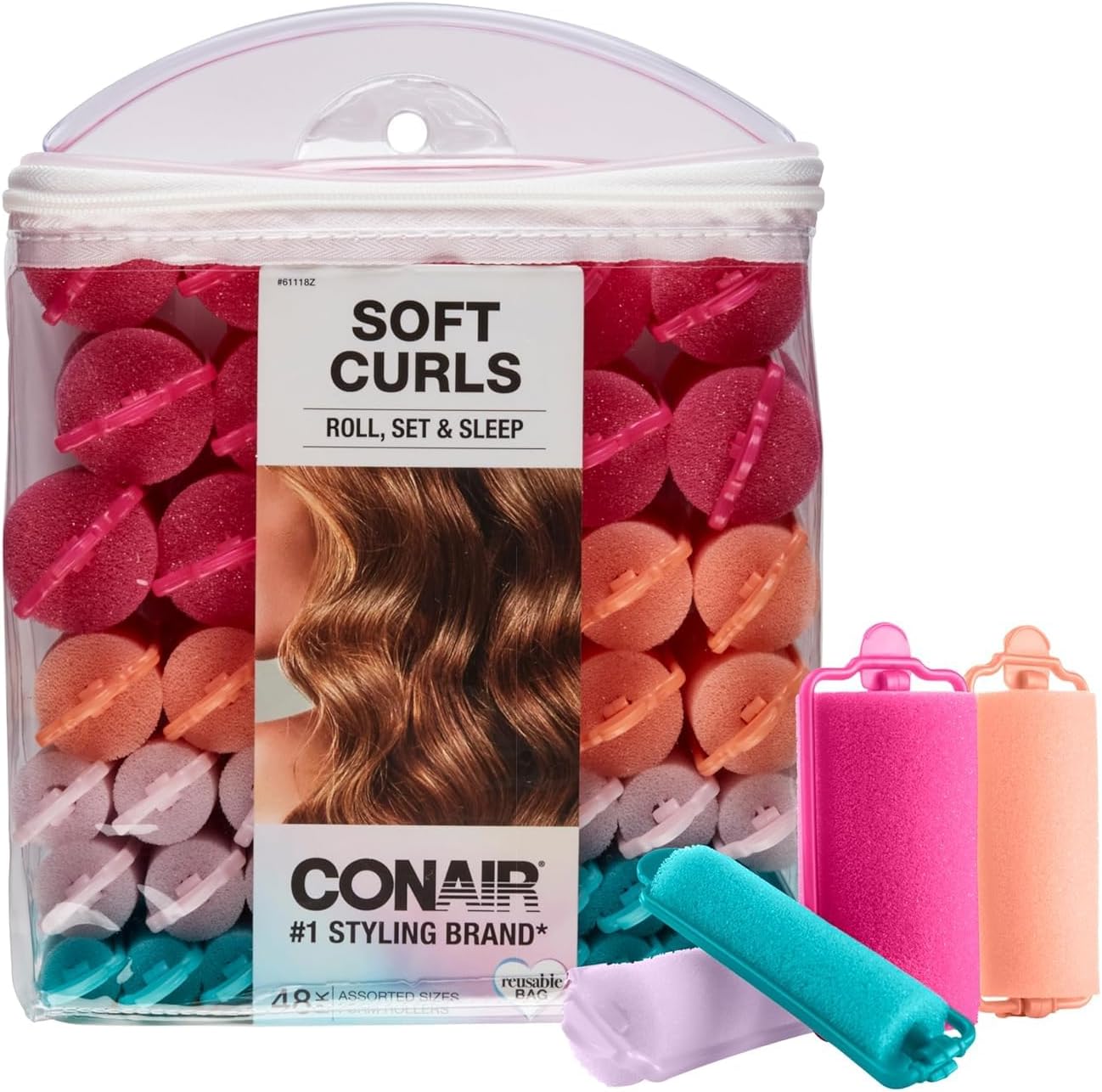 Conair Foam Hair Rollers 48 count pack front view showcasing assorted colors and storage case.