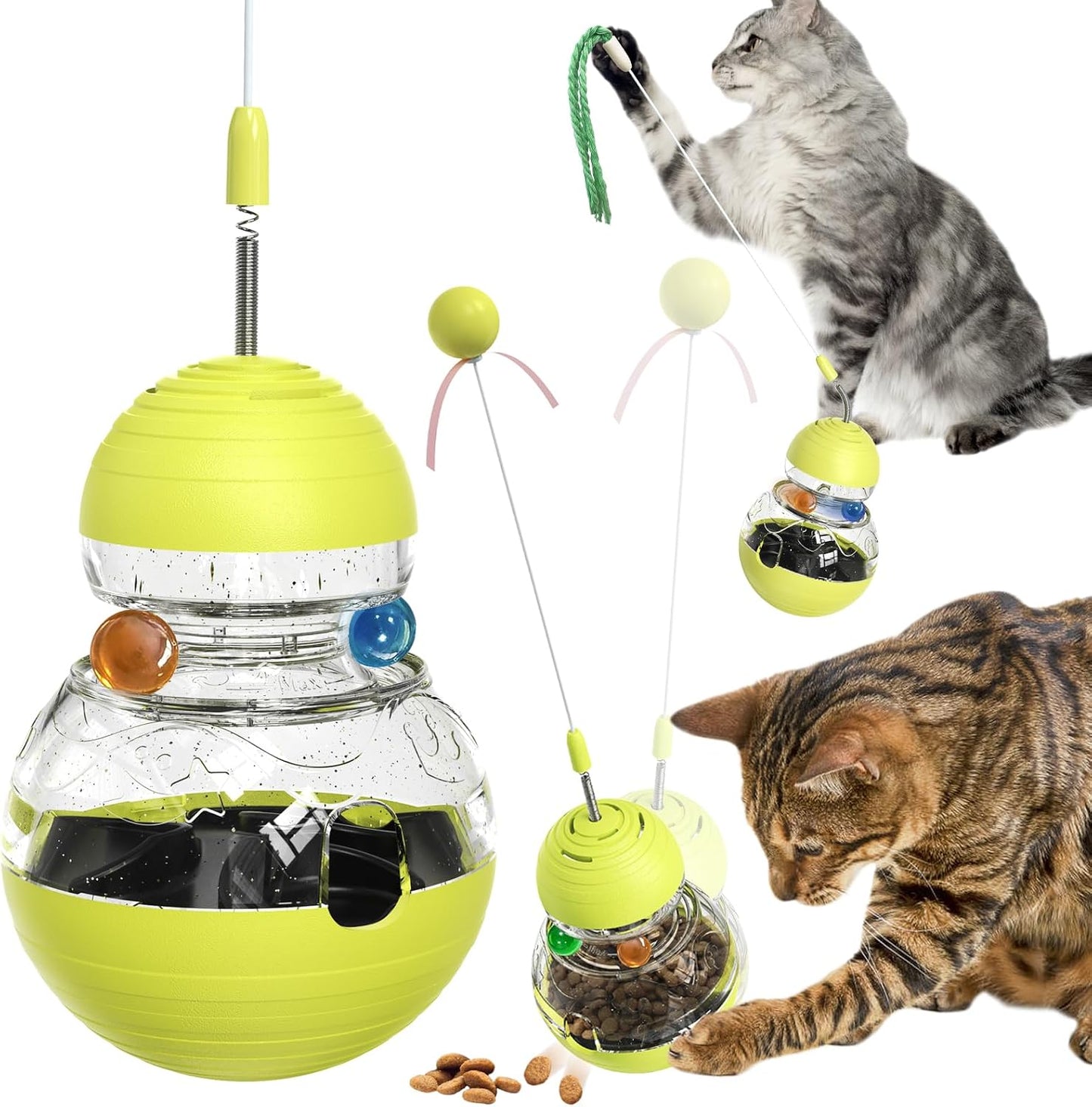 TLKNG interactive wobble cat toy front view showing the green and yellow slow treat dispenser base.