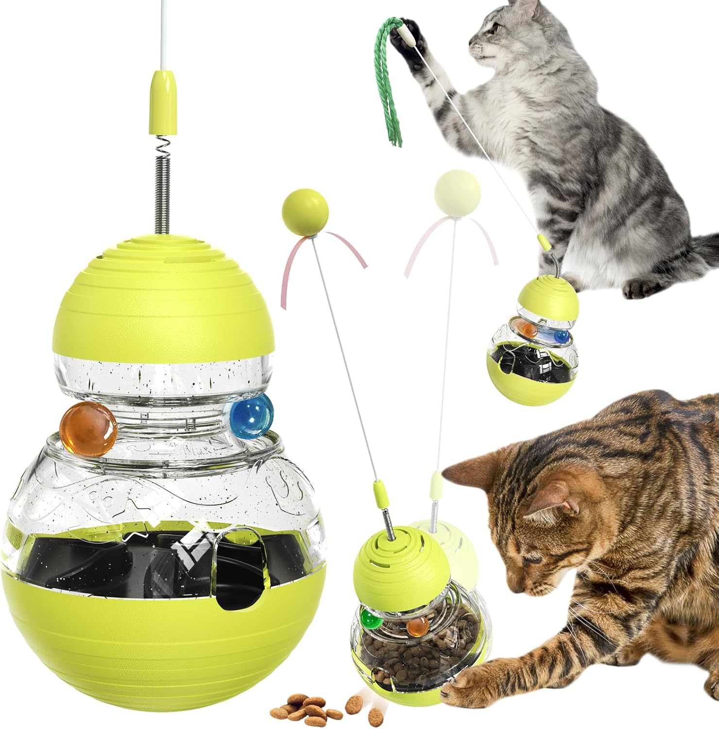 TLKNG interactive wobble cat toy front view showing the green and yellow slow treat dispenser base.