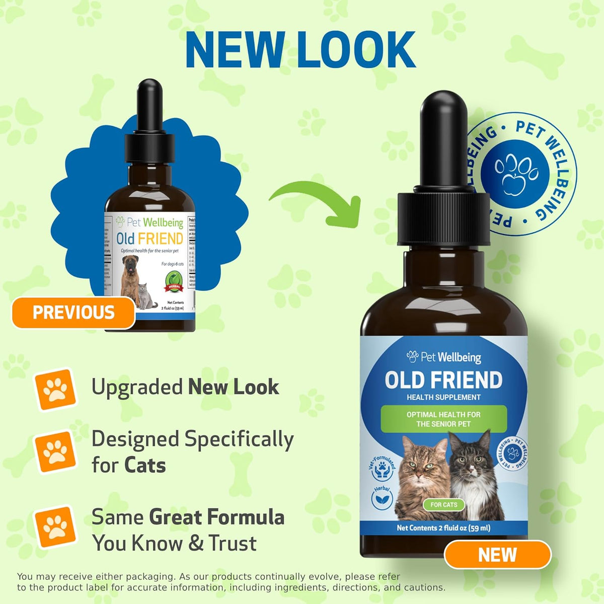Pet Wellbeing Old Friend liquid supplement packaging and dropper