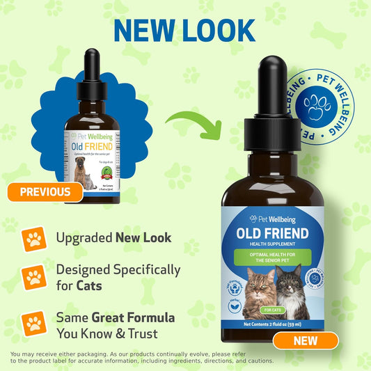 Pet Wellbeing Old Friend liquid herbal supplement packaging and dropper details