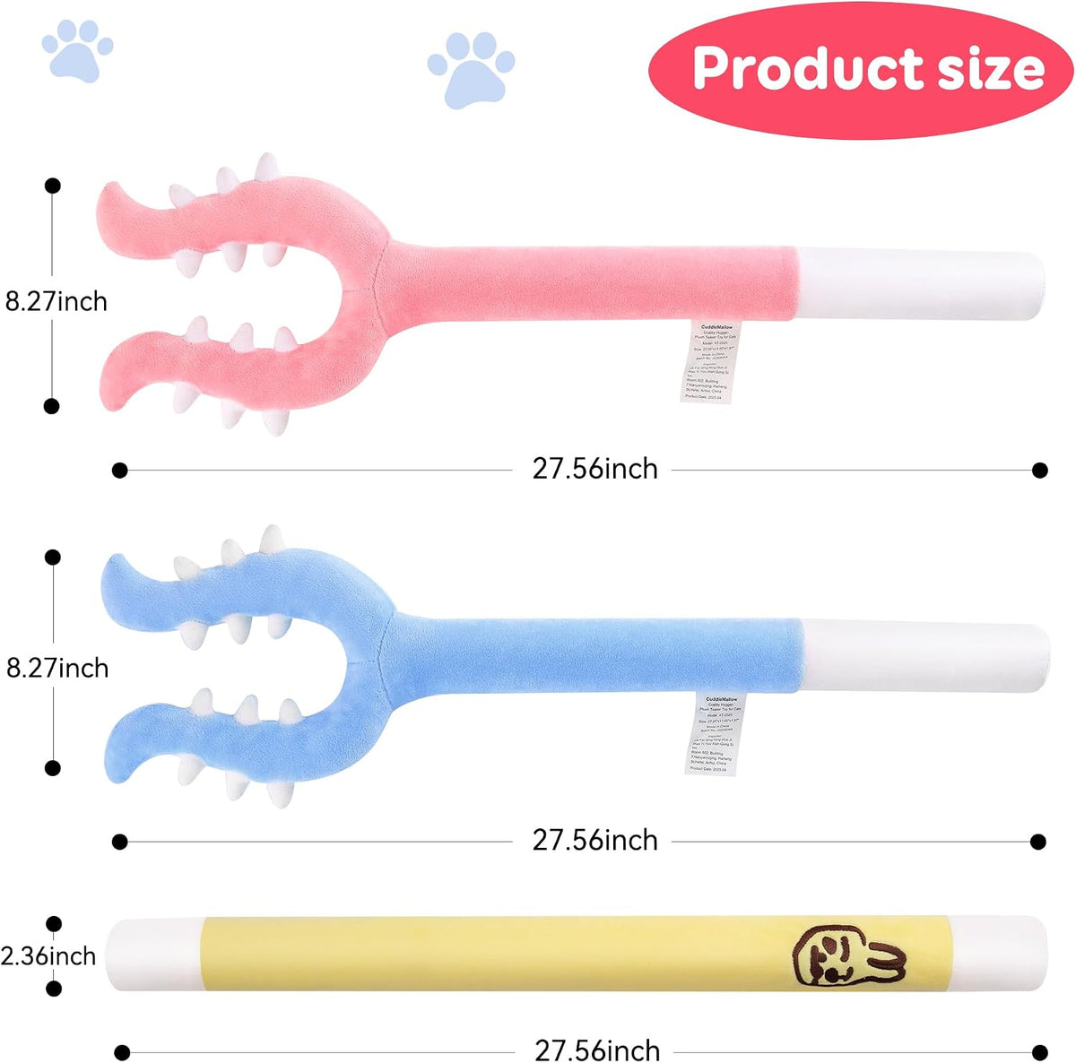 Side angle view of the durable blue CuddleMallow teaser stick showing the sturdy wand handle construction