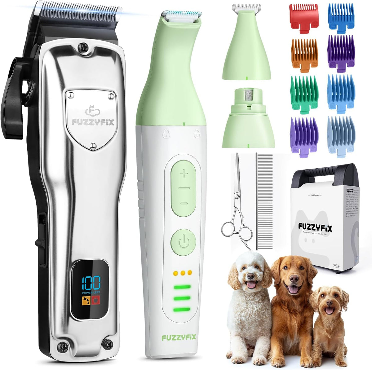 FuzzyFix Professional Dog Grooming Kit front view showcasing the silver stainless steel clipper and premium accessories.