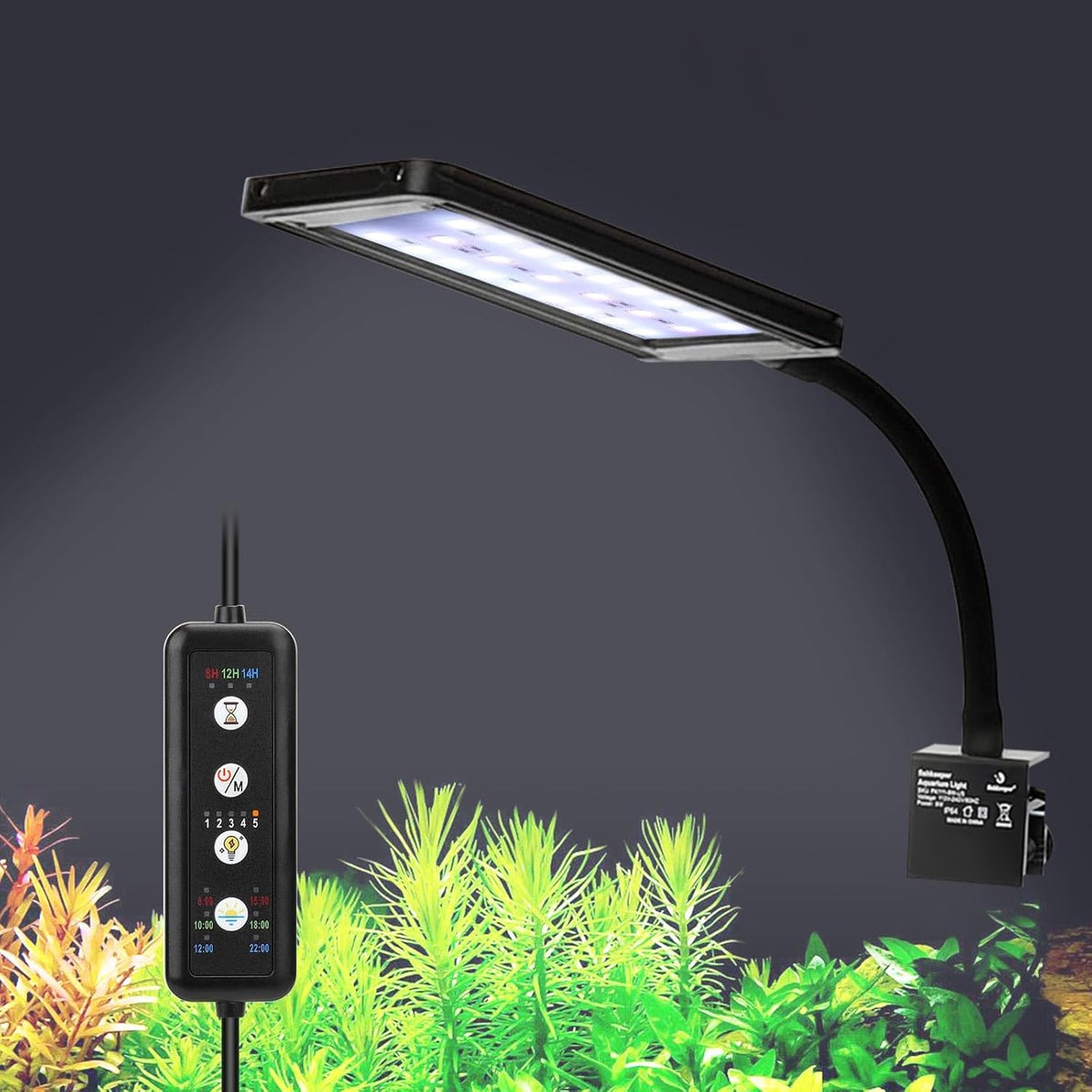 Fishkeeper clip on aquarium LED light front view illuminating a nano planted tank.