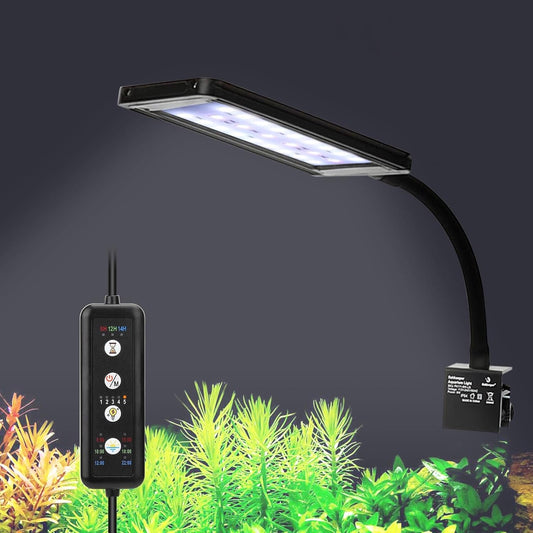 Fishkeeper clip on aquarium LED light front view illuminating a nano planted tank.