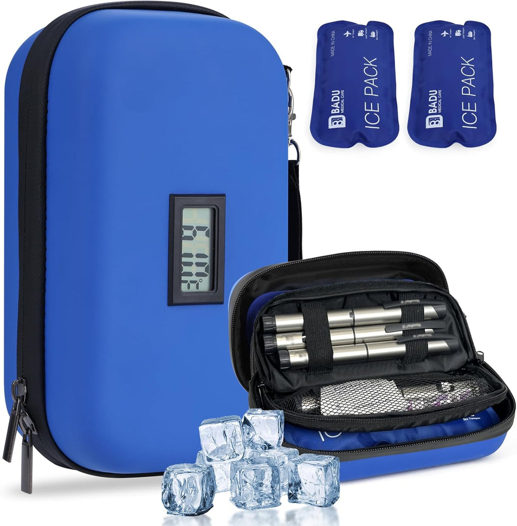 HIMDUZE insulin cooler travel case in blue color shown from a clear front view profile.