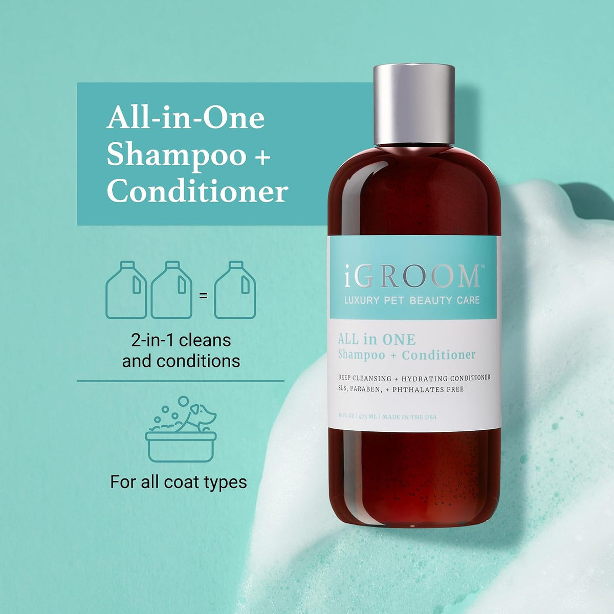 Close up label of iGroom All-in-One luxury pet shampoo