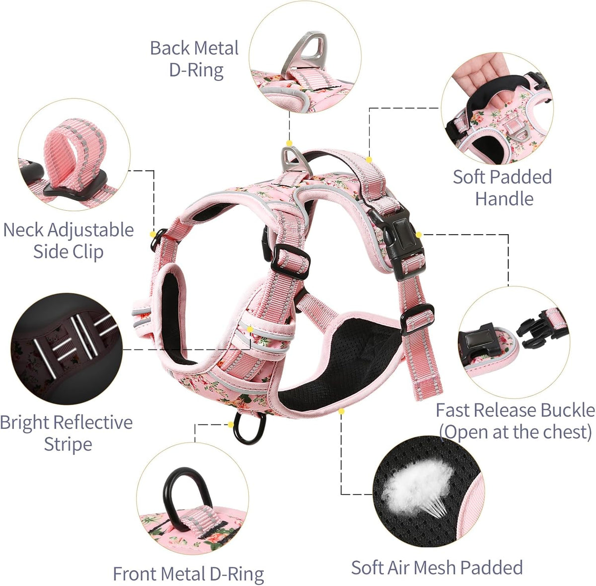 Floral pink reflective dog harness with durable handle for walking training