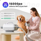 IKIMI pet grooming kit illustrating the sixteen thousand Pascal powerful suction vacuum capturing loose fur.