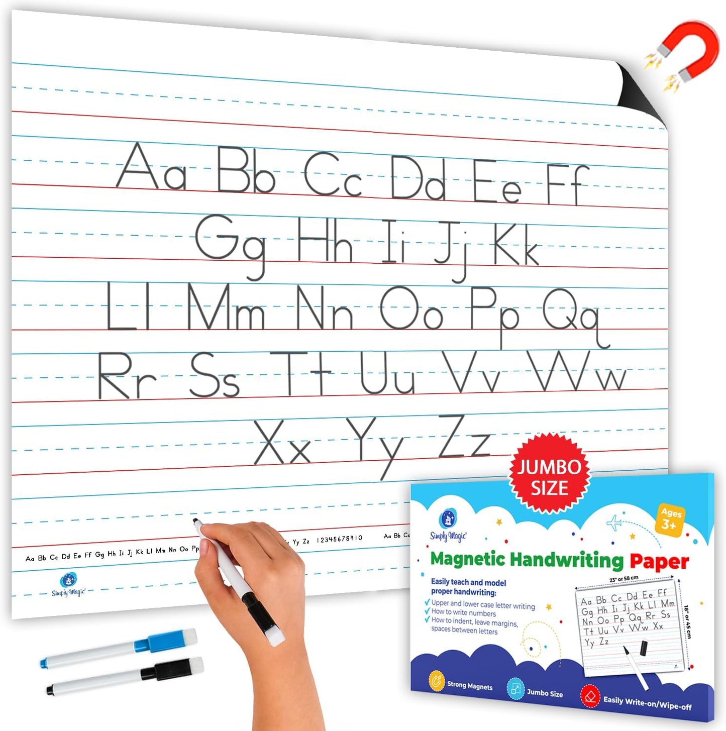 Simply Magic extra large magnetic handwriting paper front view attached to classroom whiteboard displaying guided primary lines.