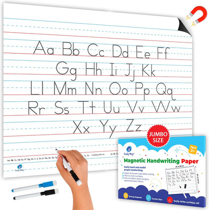 Simply Magic extra large magnetic handwriting paper front view attached to classroom whiteboard displaying guided primary lines.