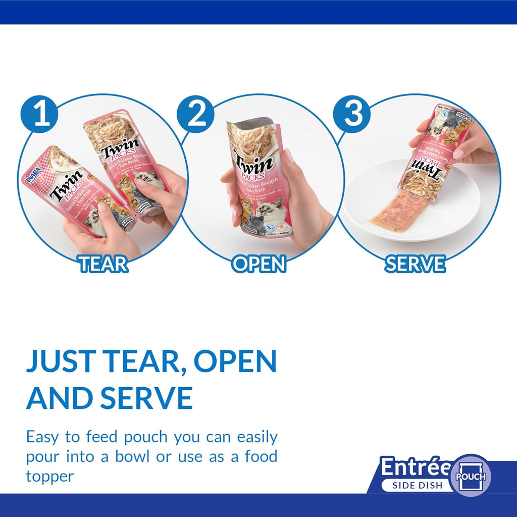 Inaba cat food topper packaging showing tuna and chicken recipe