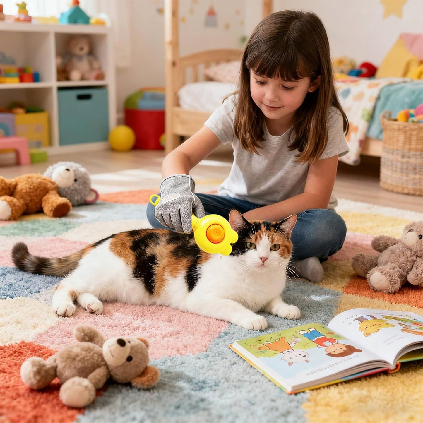 Yellow pet flea comb on grooming surface