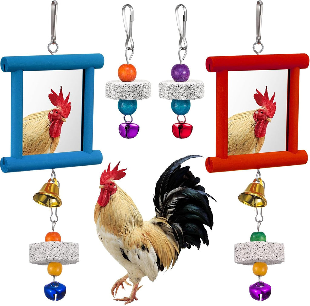Sumind 2 Pieces Chicken Mirror Toys Hanging Swing Mirror with Bell Wooden Pecking Toy and 4 Pieces Beak Grinding Molar Stones for Hens Birds Parrots - Image 9